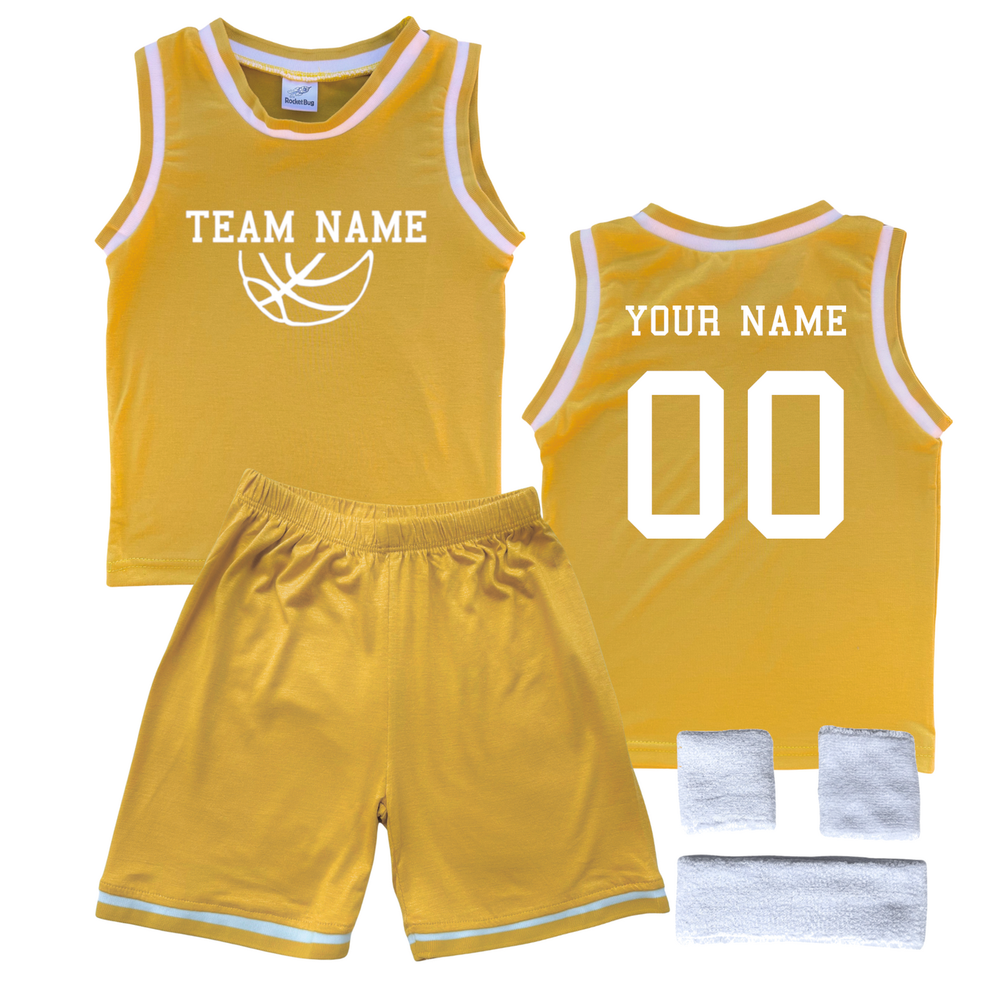 Personalized Sleeveless Basketball Jersey & Shorts Set for Toddlers- Personalized with Name and Number (Back) & Team Name (Front) Gold Yes Include Sweatband Set