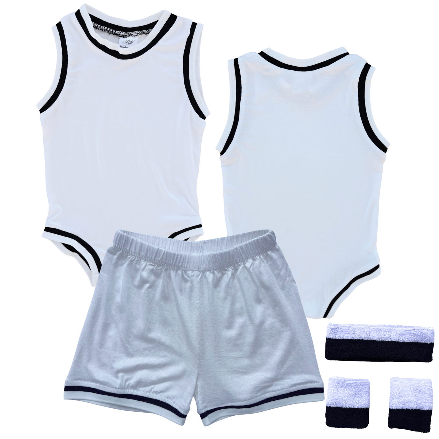 Blank Basketball Jersey Baby Bodysuit & Matching Shorts White (Black Graphic) Yes Include Sweatband Set