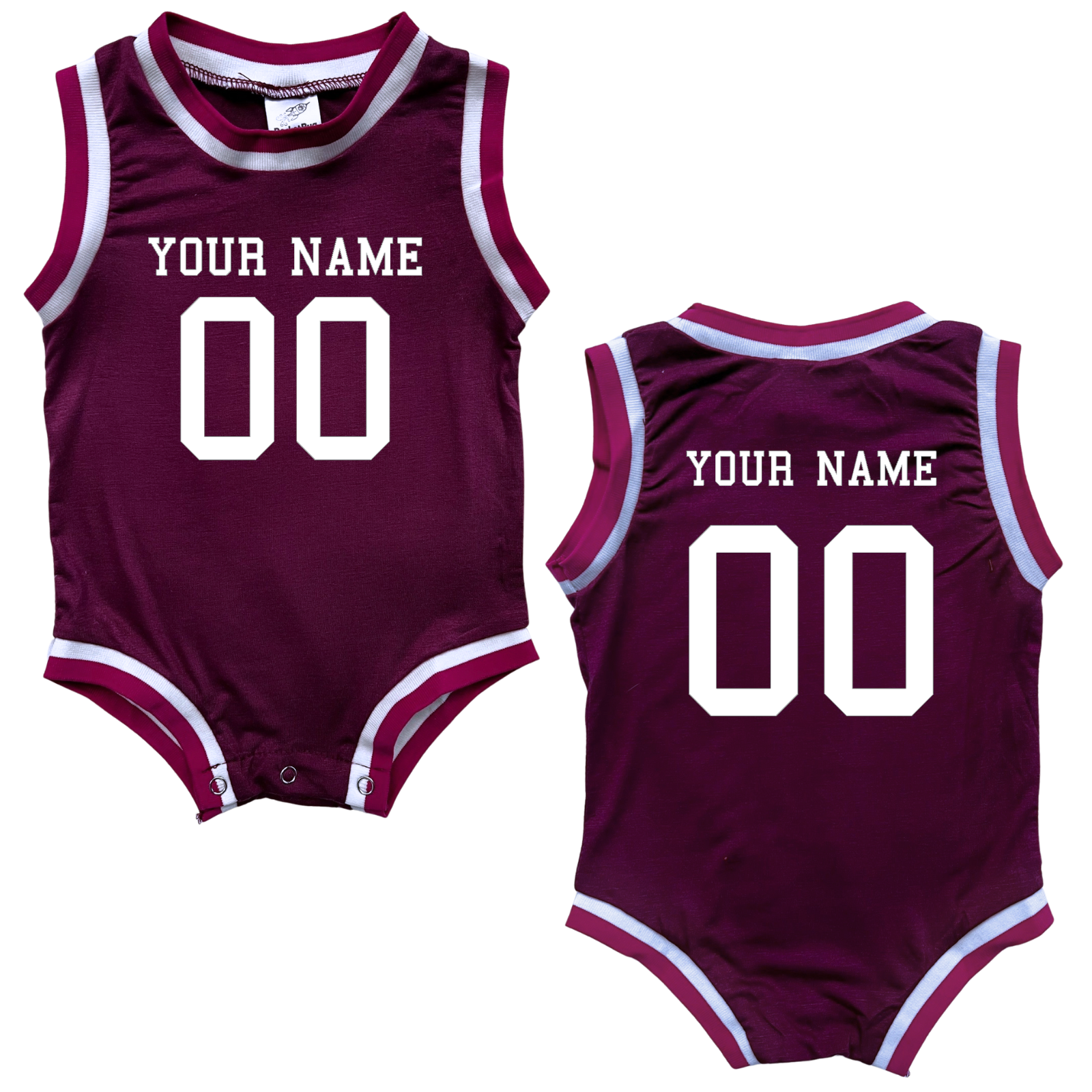 Personalized Sleeveless Basketball Jersey for Babies - Personalized with Name and Number (Front & Back) Burgundy with Pink Stripes