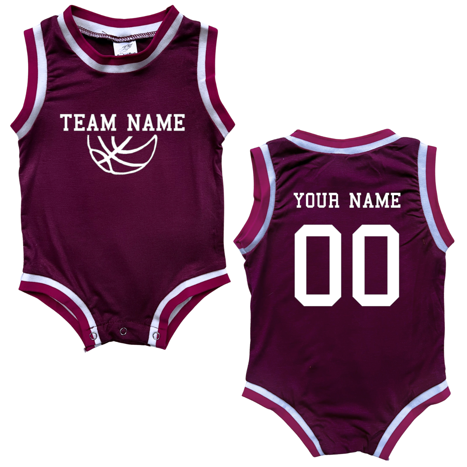 Personalized TEAM Basketball Jersey Baby Bodysuit Personalized with Name and Number (Front & Back) Burgundy with Pink Stripes