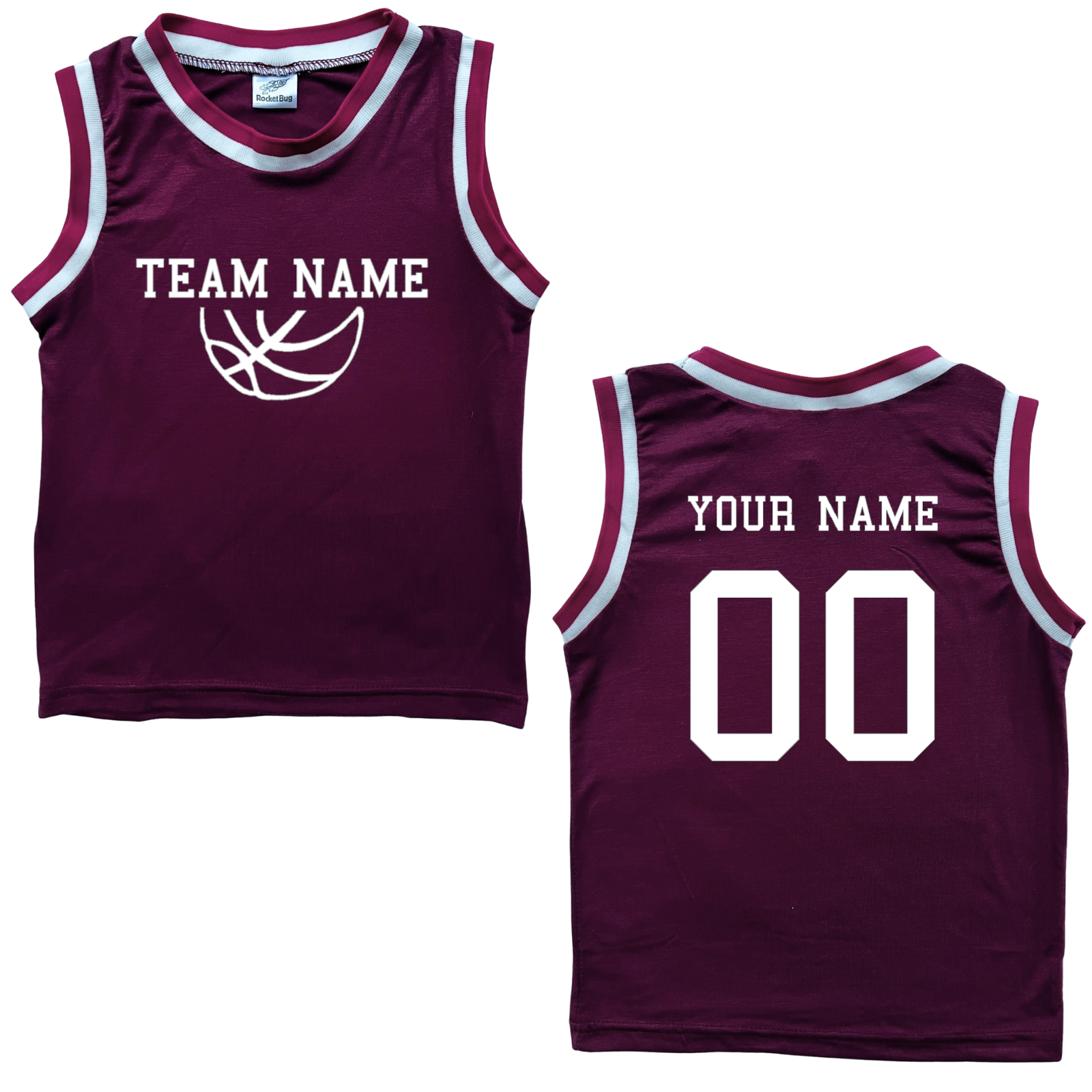 Personalized TEAM Basketball Jersey Baby Tee Personalized with Name and Number (Front & Back) Burgundy with Pink Stripes