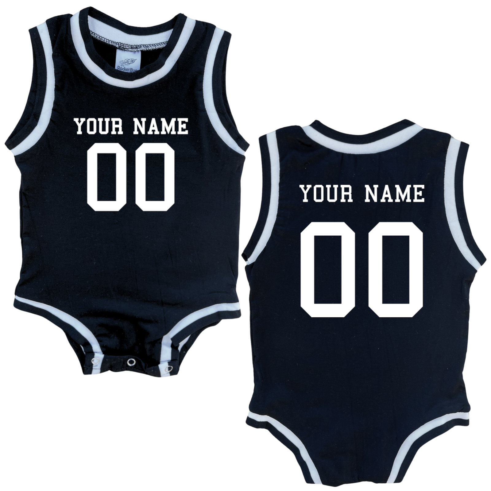 Personalized Sleeveless Basketball Jersey for Babies - Personalized with Name and Number (Front & Back) Black