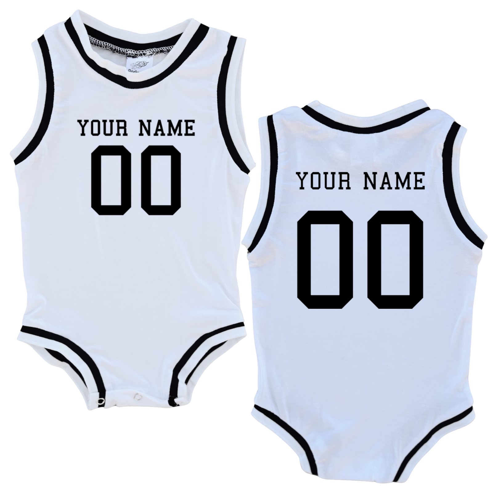 Personalized Sleeveless Basketball Jersey for Babies - Personalized with Name and Number (Front & Back) White (Black Graphic)