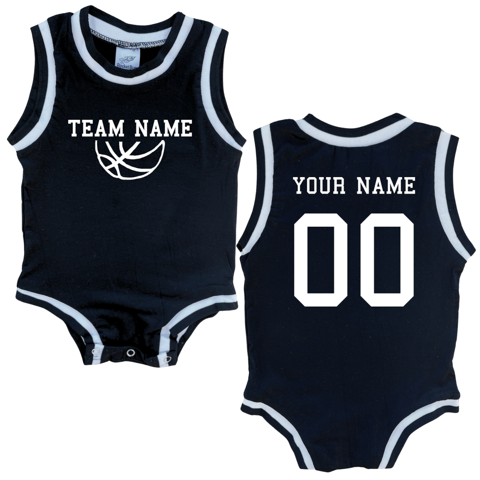 Personalized TEAM Basketball Jersey Baby Bodysuit Personalized with Name and Number (Front & Back) Black