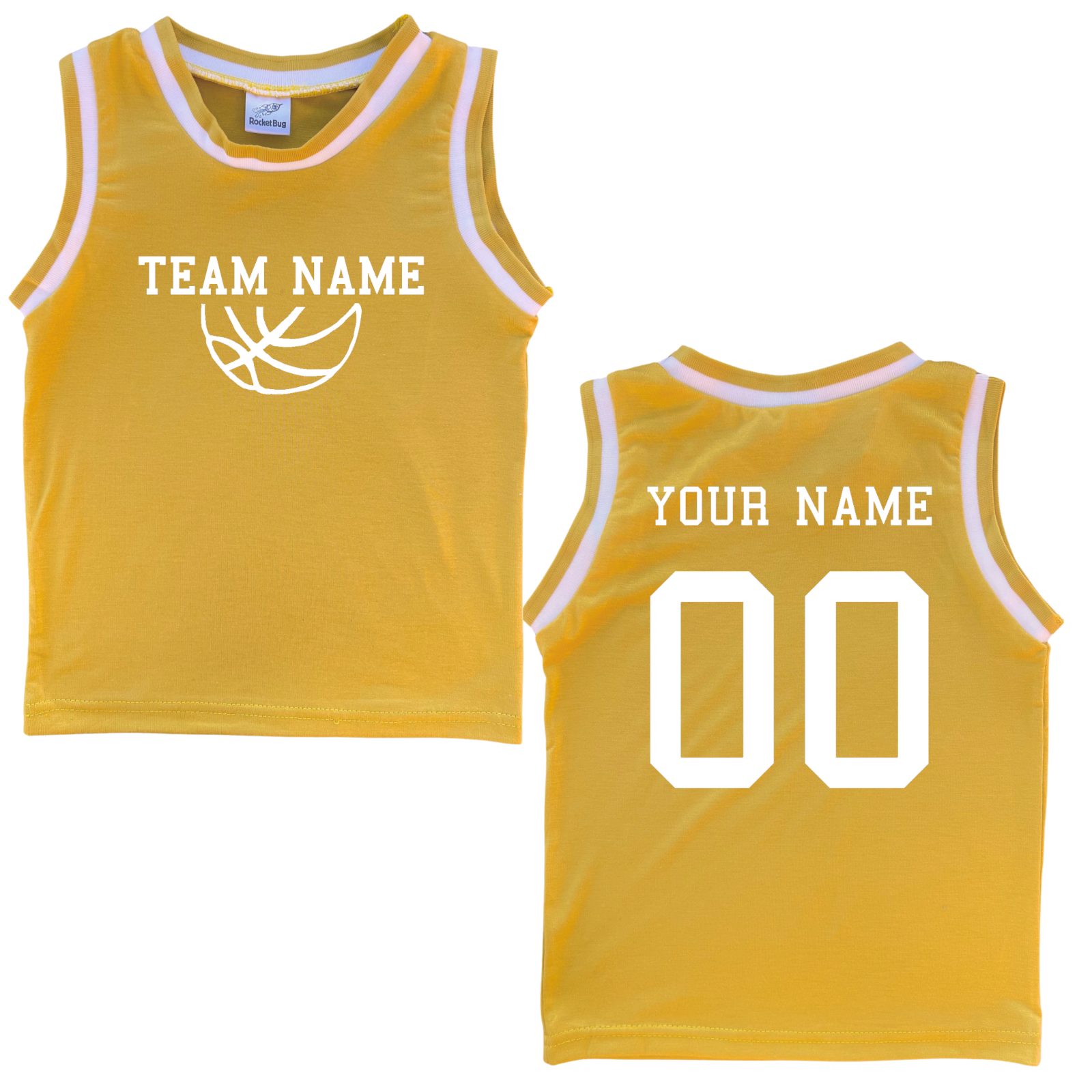 Personalized TEAM Basketball Jersey Baby Tee Personalized with Name and Number (Front & Back) Gold
