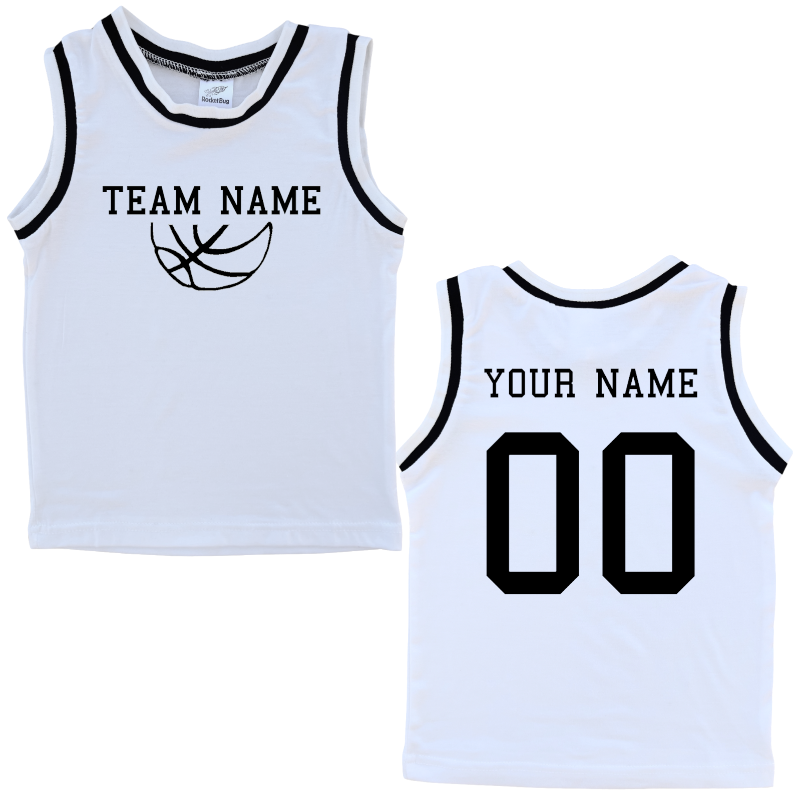 Personalized TEAM Basketball Jersey Baby Tee Personalized with Name and Number (Front & Back) White (Black Graphic)