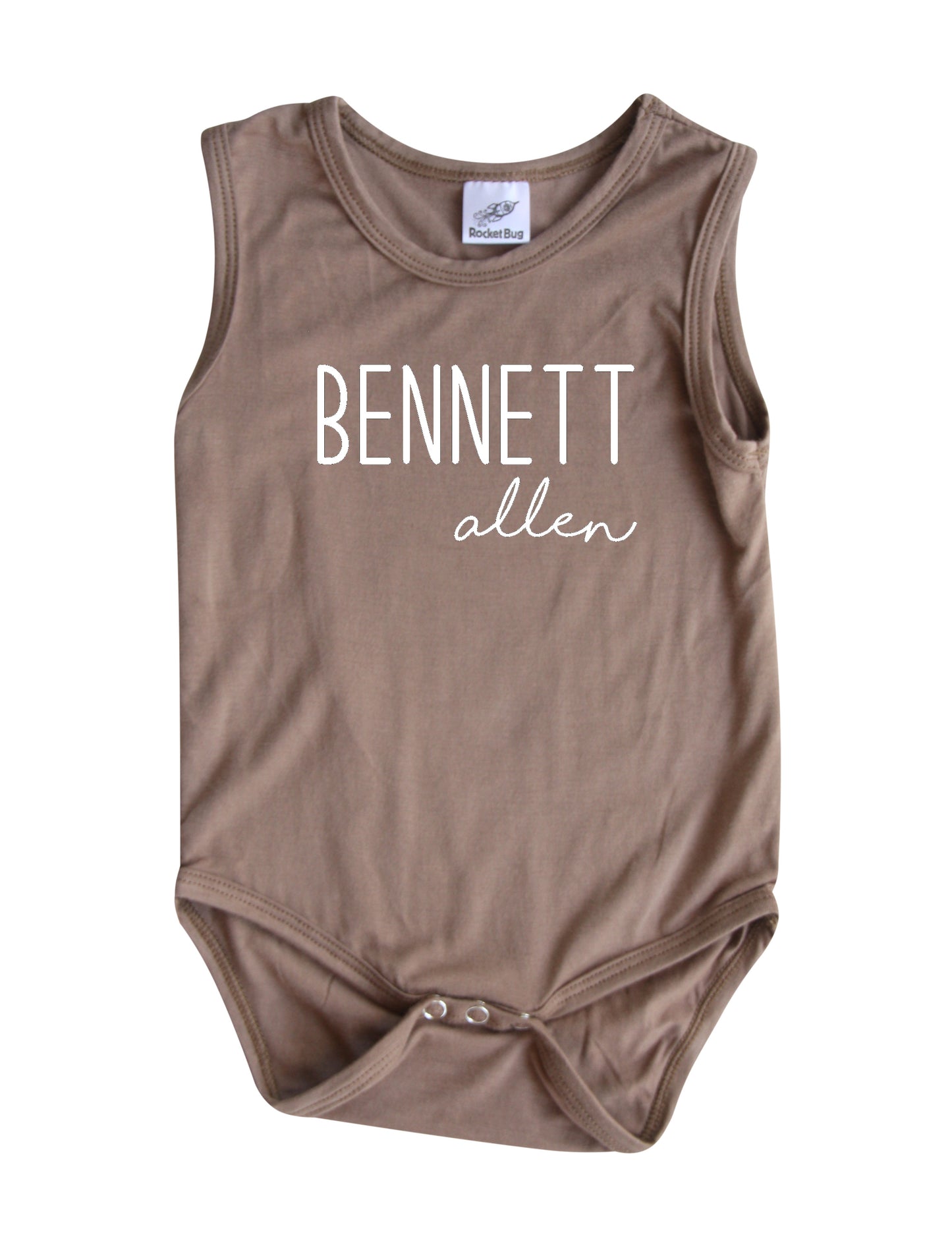First + Middle Name Personalized (Modern Cursive) Custom Silky Sleeveless Baby Bodysuit Light Brown