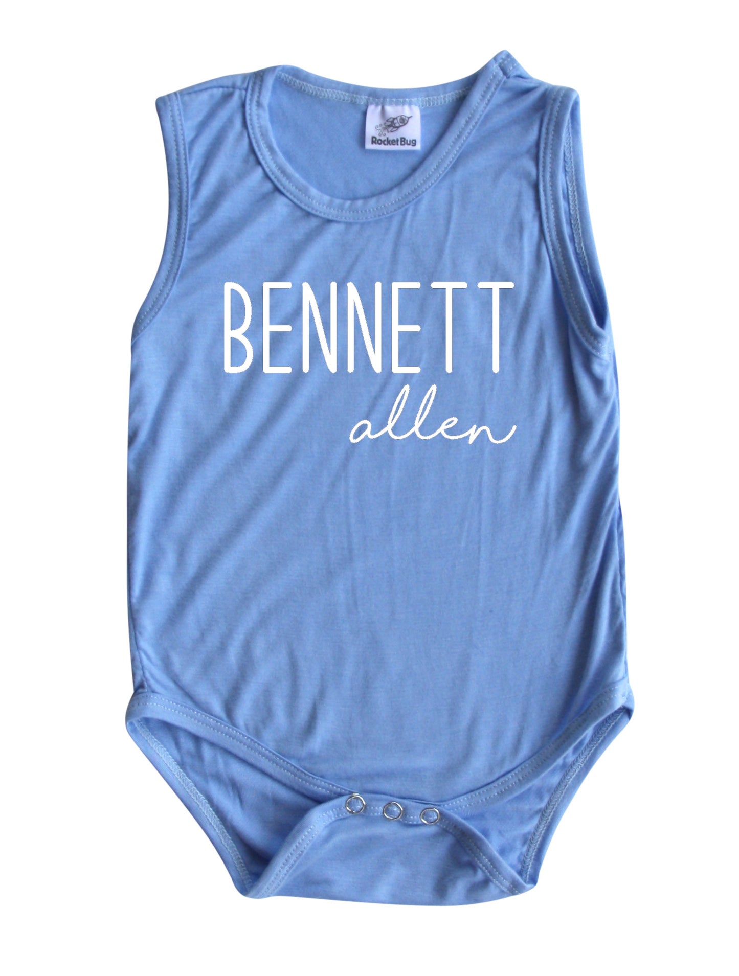 First + Middle Name Personalized (Modern Cursive) Custom Silky Sleeveless Baby Bodysuit Light Blue