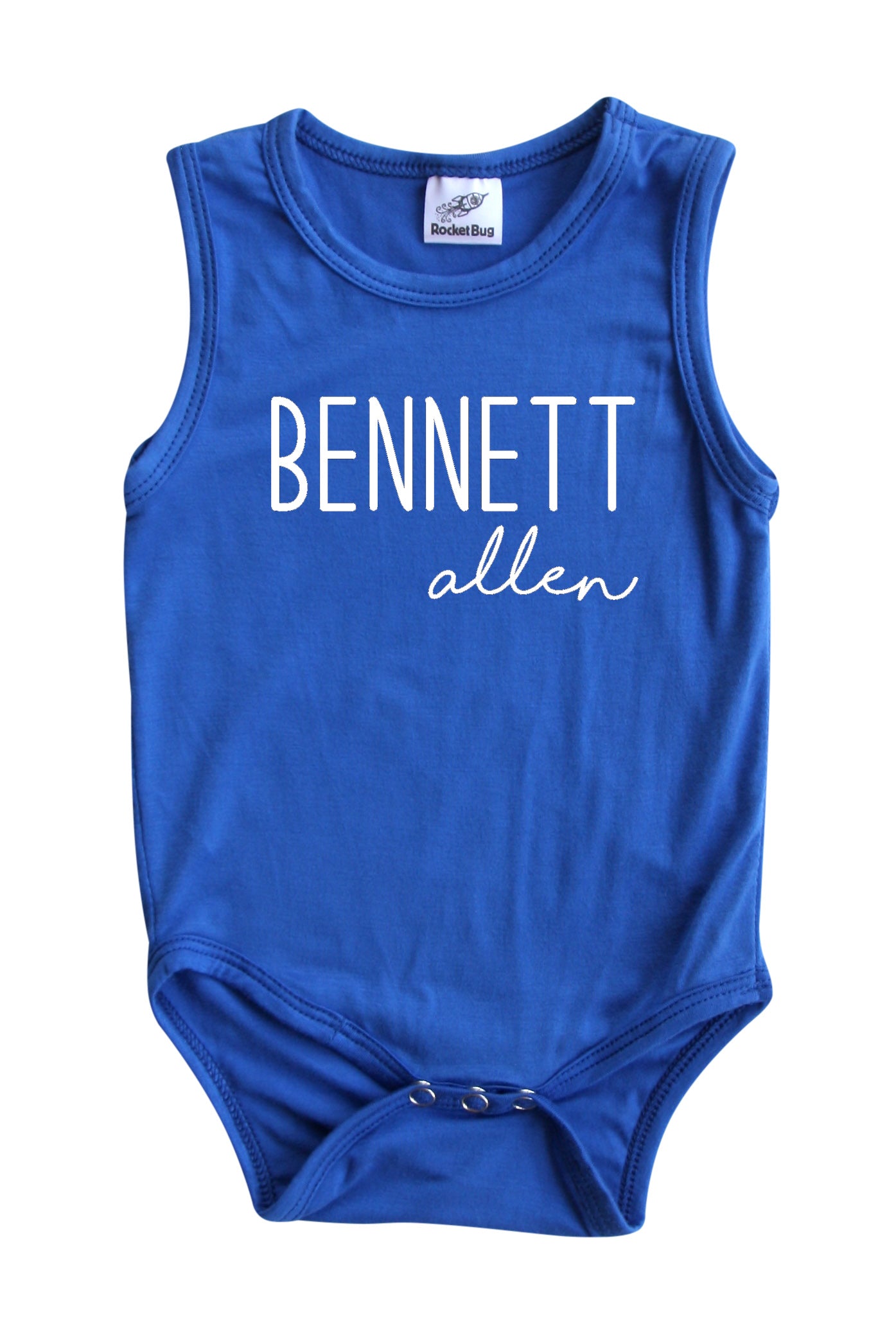First + Middle Name Personalized (Modern Cursive) Custom Silky Sleeveless Baby Bodysuit Silky Royal Blue