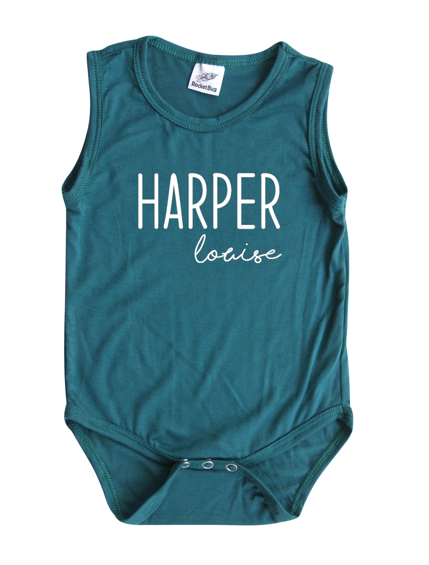 First + Middle Name Personalized (Modern Cursive) Custom Silky Sleeveless Baby Bodysuit Midnight Teal
