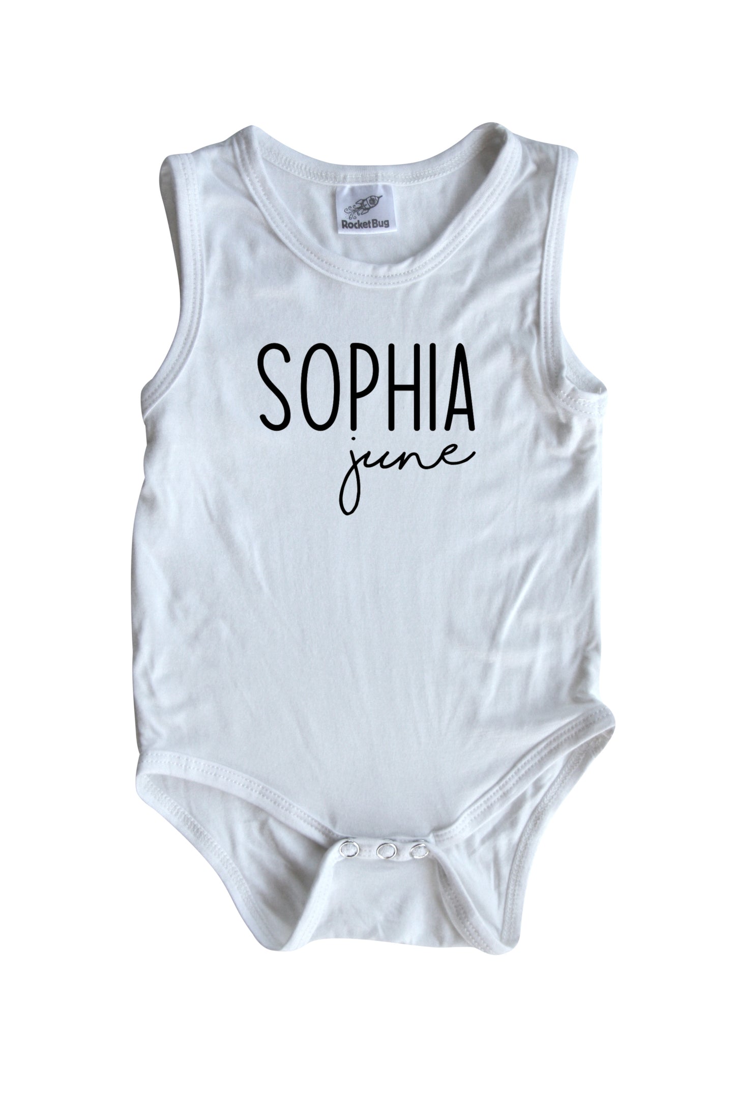 First + Middle Name Personalized (Modern Cursive) Custom Silky Sleeveless Baby Bodysuit Off White
