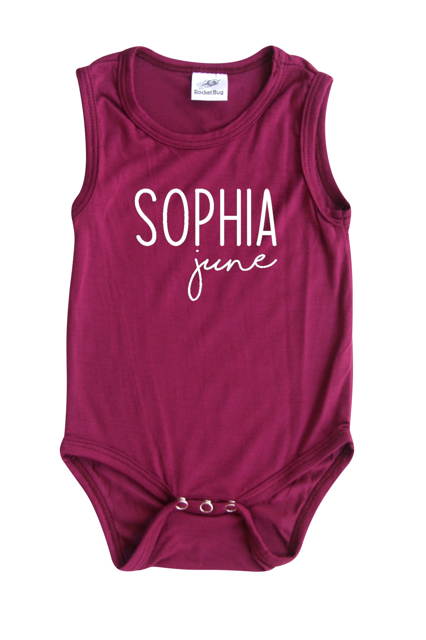 First + Middle Name Personalized (Modern Cursive) Custom Silky Sleeveless Baby Bodysuit Wine