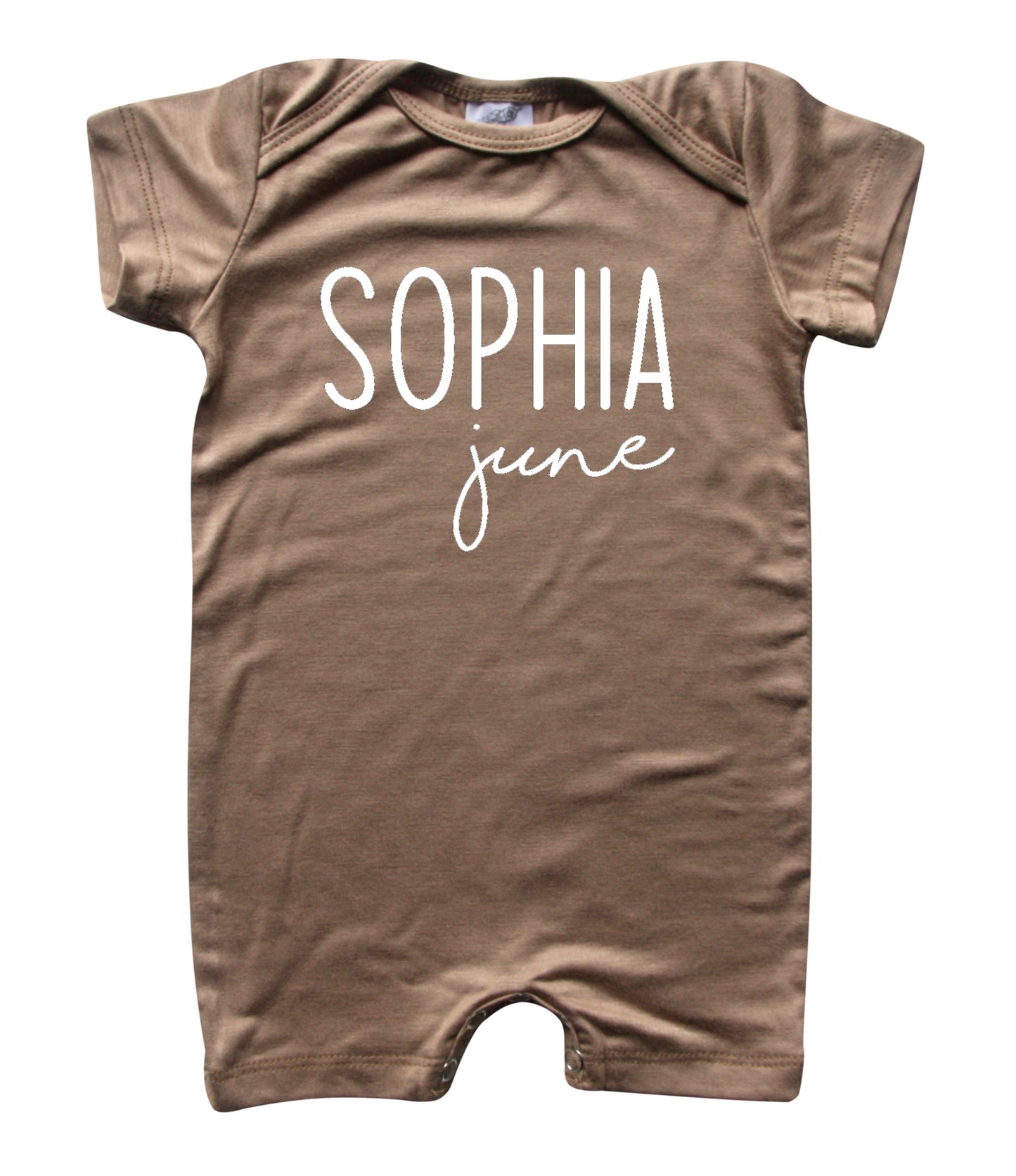 Personalized First + Middle Name (Modern Cursive) Silky Baby Romper Shorts for Boys and Girls Light Brown