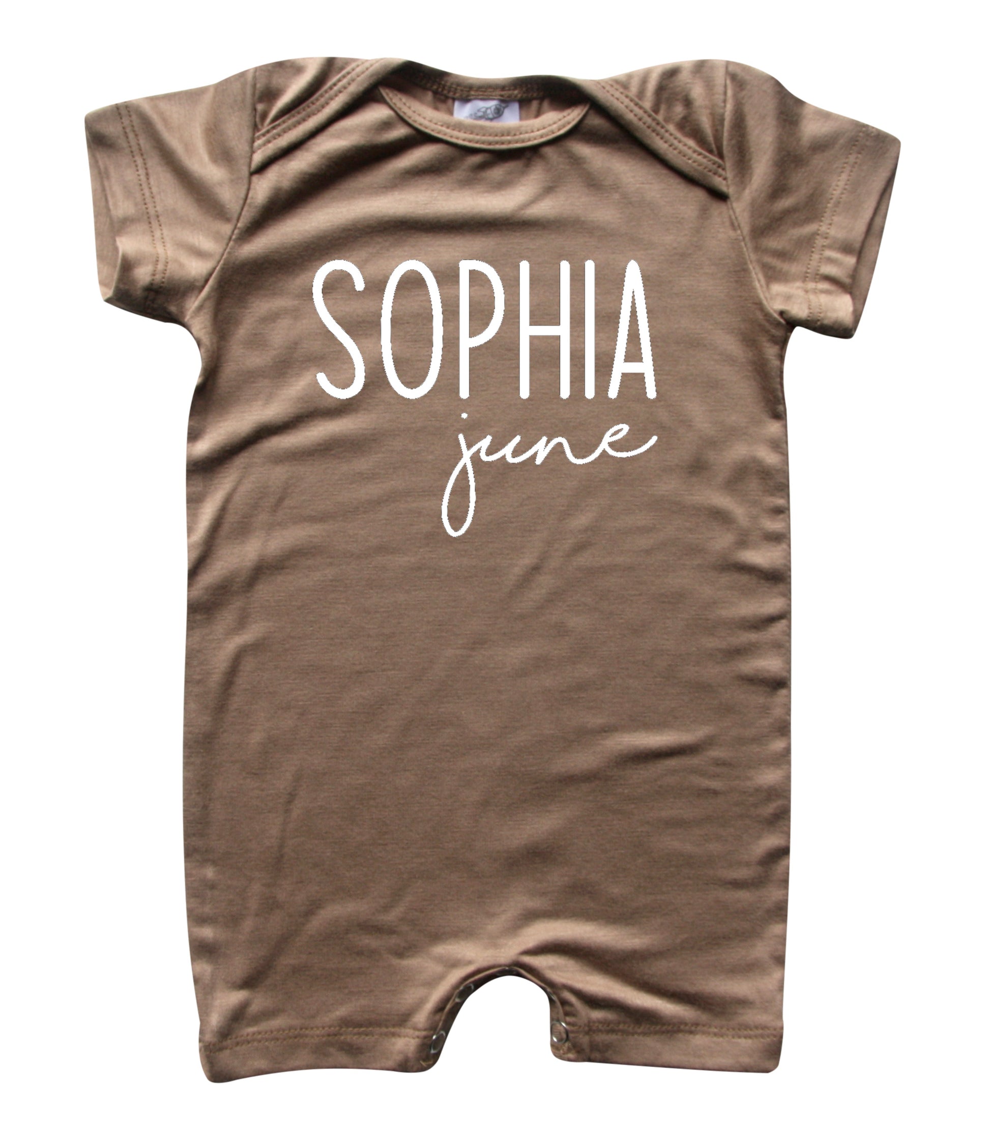 Personalized First + Middle Name (Modern Cursive) Silky Baby Romper Shorts for Boys and Girls Light Brown