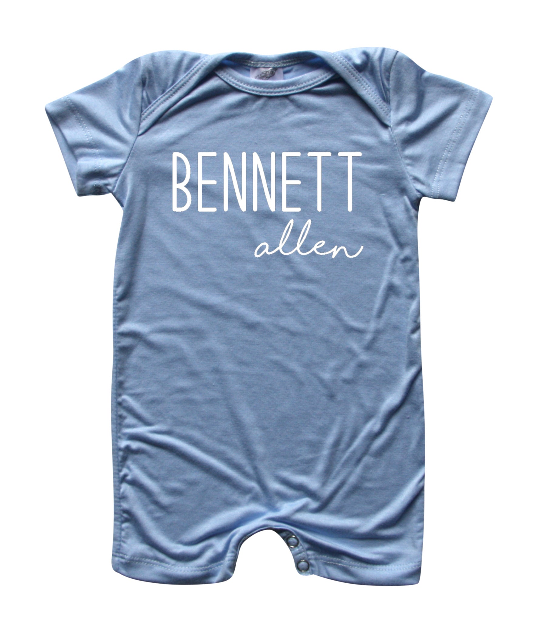 Personalized First + Middle Name (Modern Cursive) Silky Baby Romper Shorts for Boys and Girls Light Blue