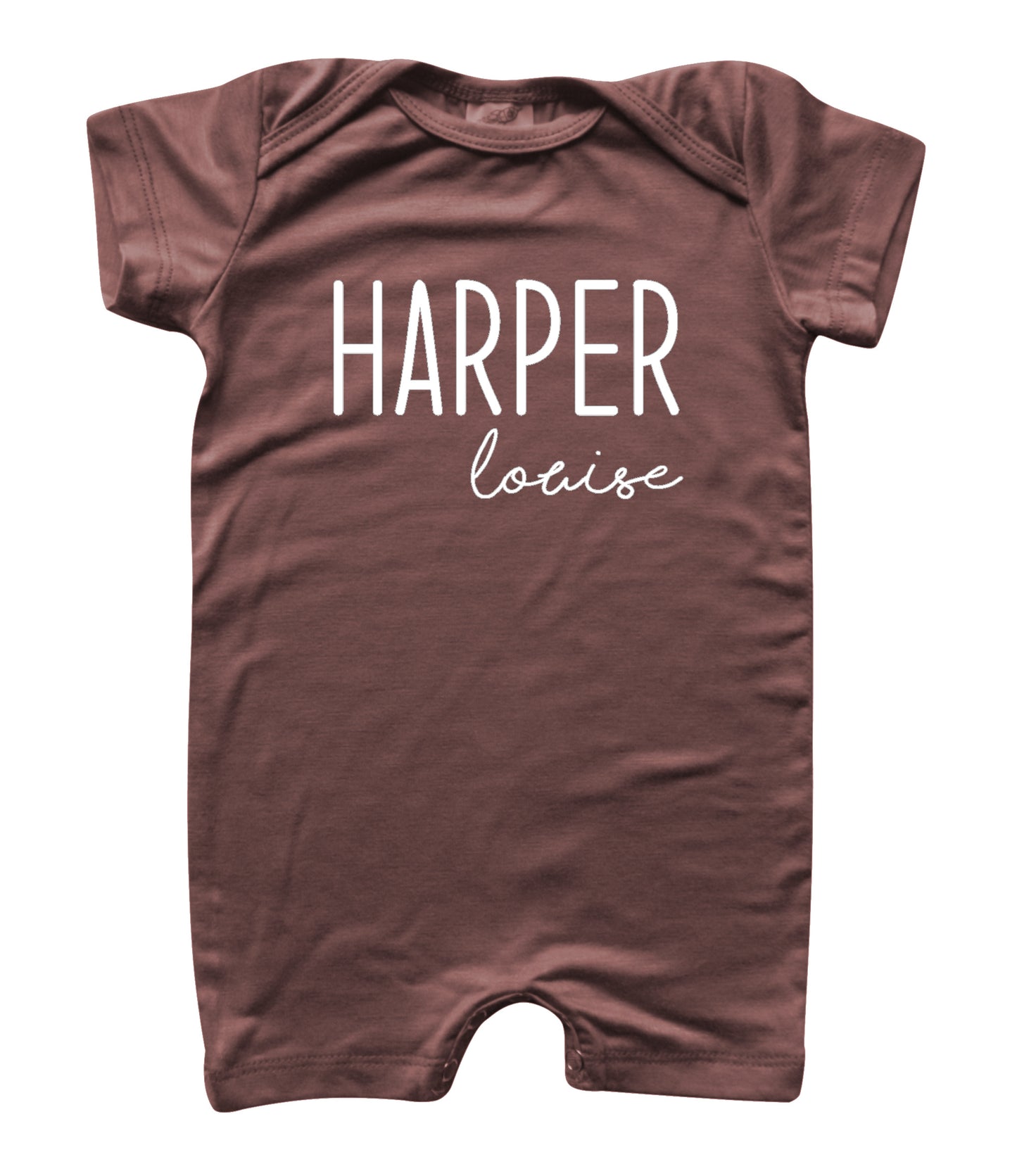 Personalized First + Middle Name (Modern Cursive) Silky Baby Romper Shorts for Boys and Girls Dark Mauve