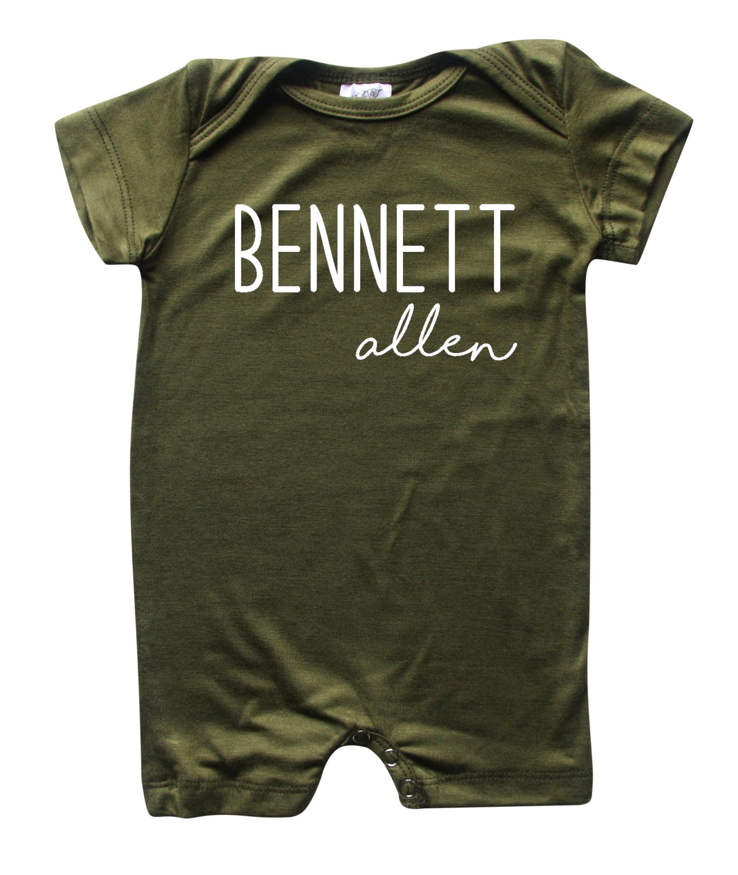 Personalized First + Middle Name (Modern Cursive) Silky Baby Romper Shorts for Boys and Girls Army Green