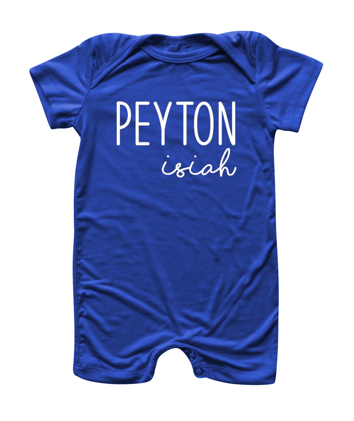 Personalized First + Middle Name (Modern Cursive) Silky Baby Romper Shorts for Boys and Girls Royal Blue