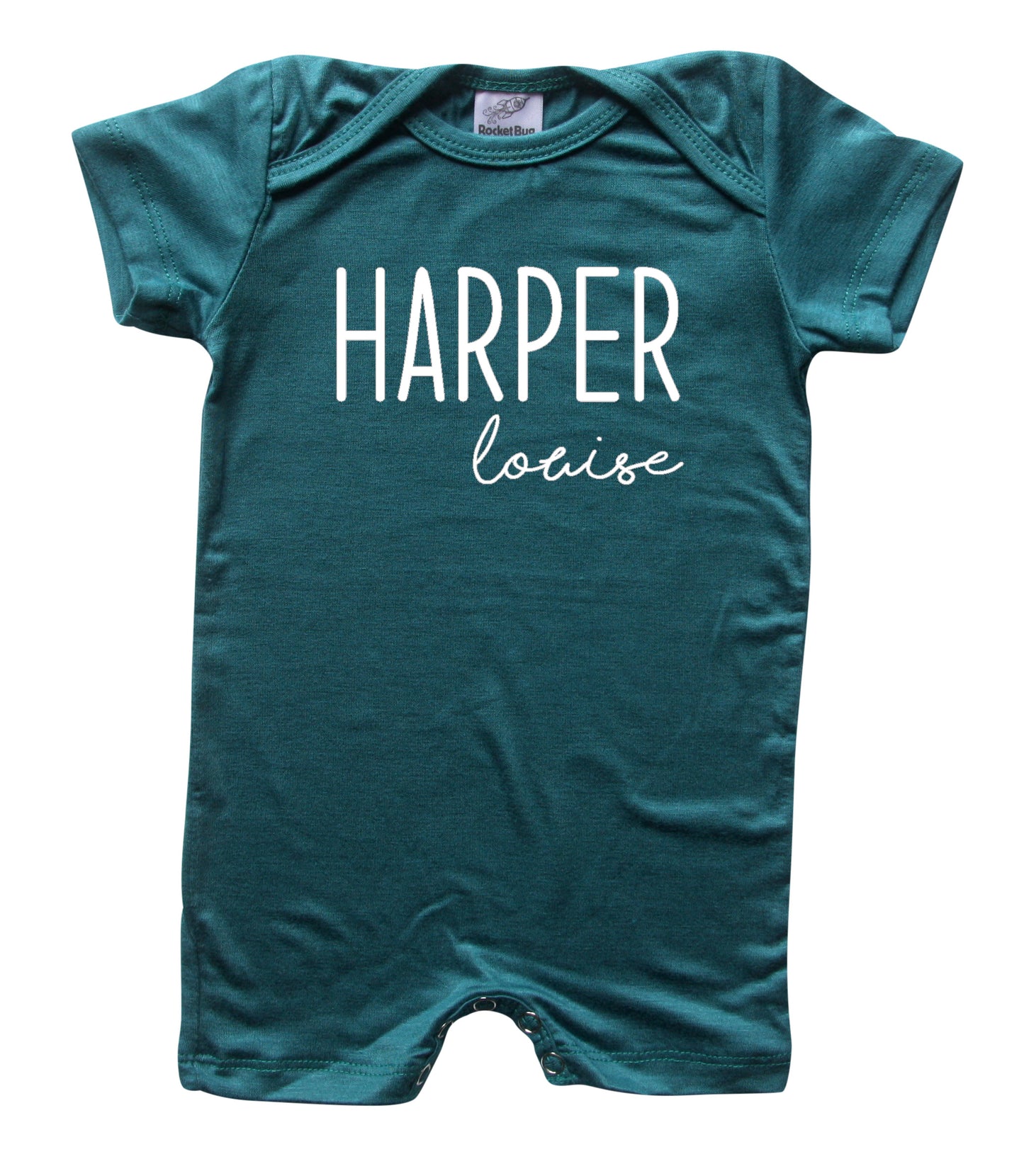 Personalized First + Middle Name (Modern Cursive) Silky Baby Romper Shorts for Boys and Girls Midnight Teal