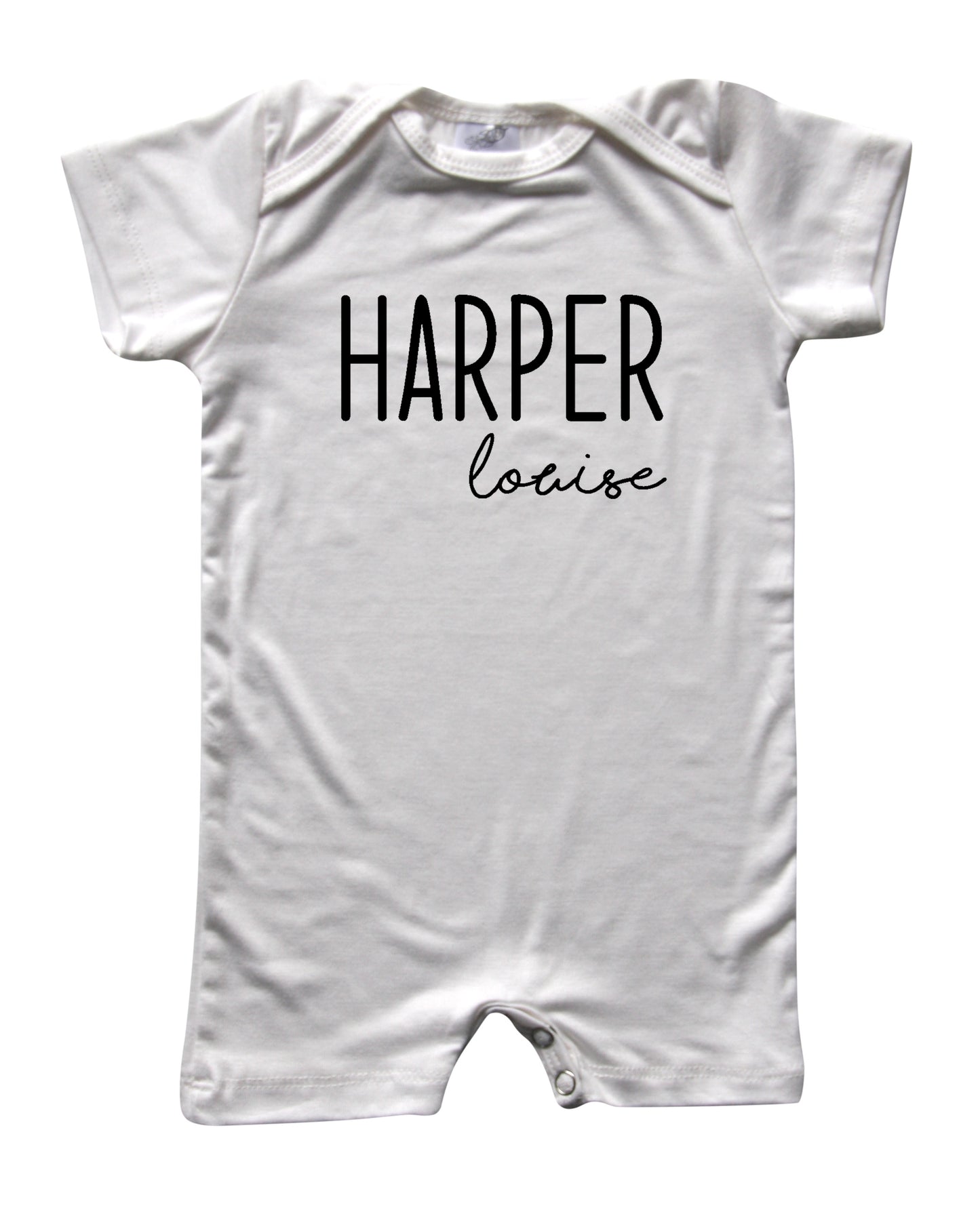 Personalized First + Middle Name (Modern Cursive) Silky Baby Romper Shorts for Boys and Girls Off White