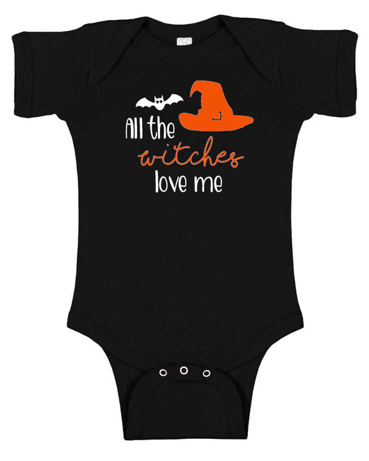 All the Witches Love Me Halloween Baby Bodysuit Black