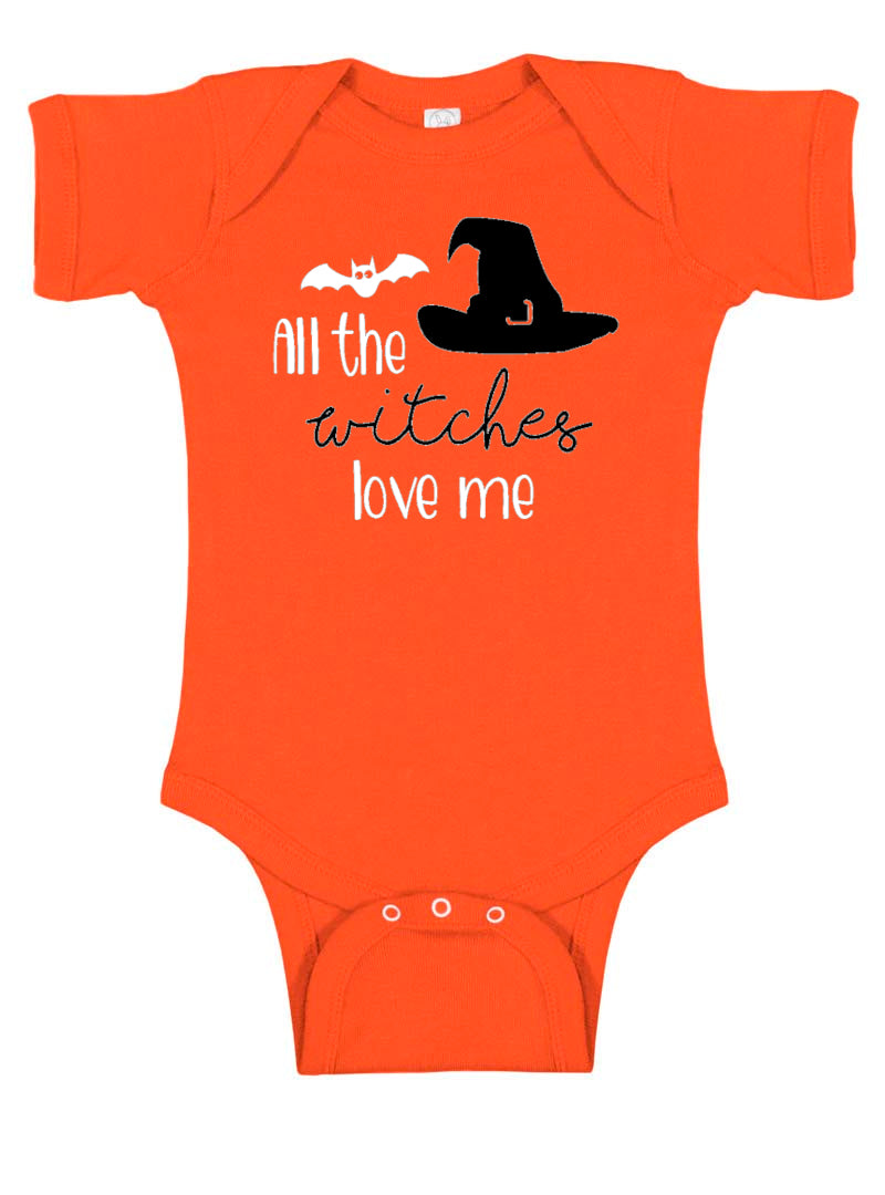 All the Witches Love Me Halloween Baby Bodysuit Orange