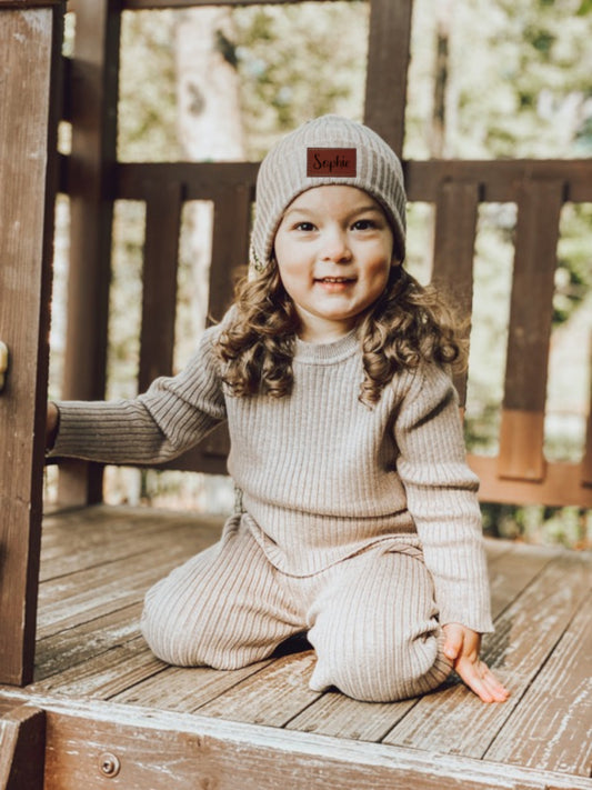 Soft Knit Baby Set with Personalized Vegan Leather Patch