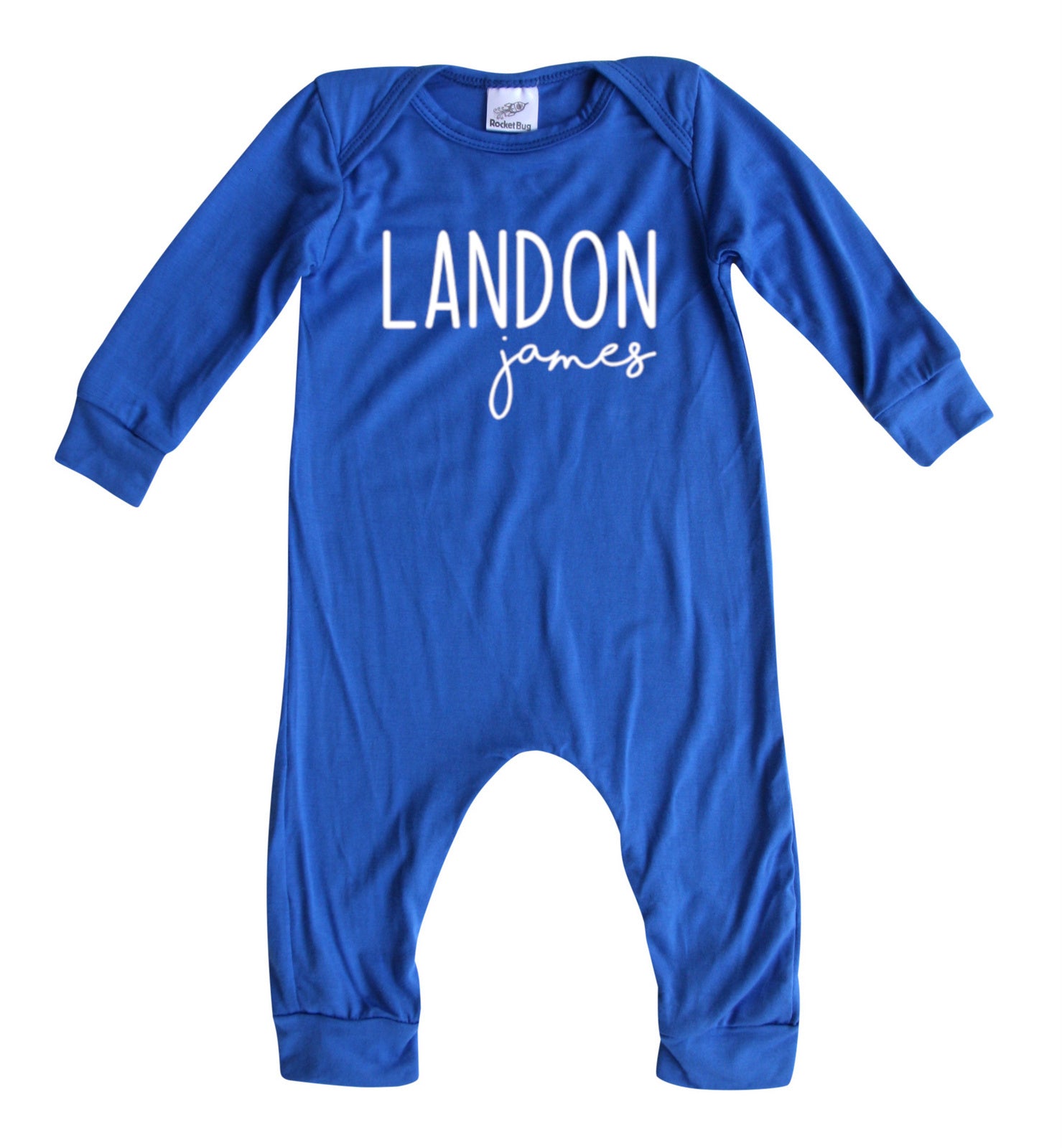 Personalized First + Middle Name (Modern Cursive) Silky Baby Long Sleeve Romper Silky Royal Blue