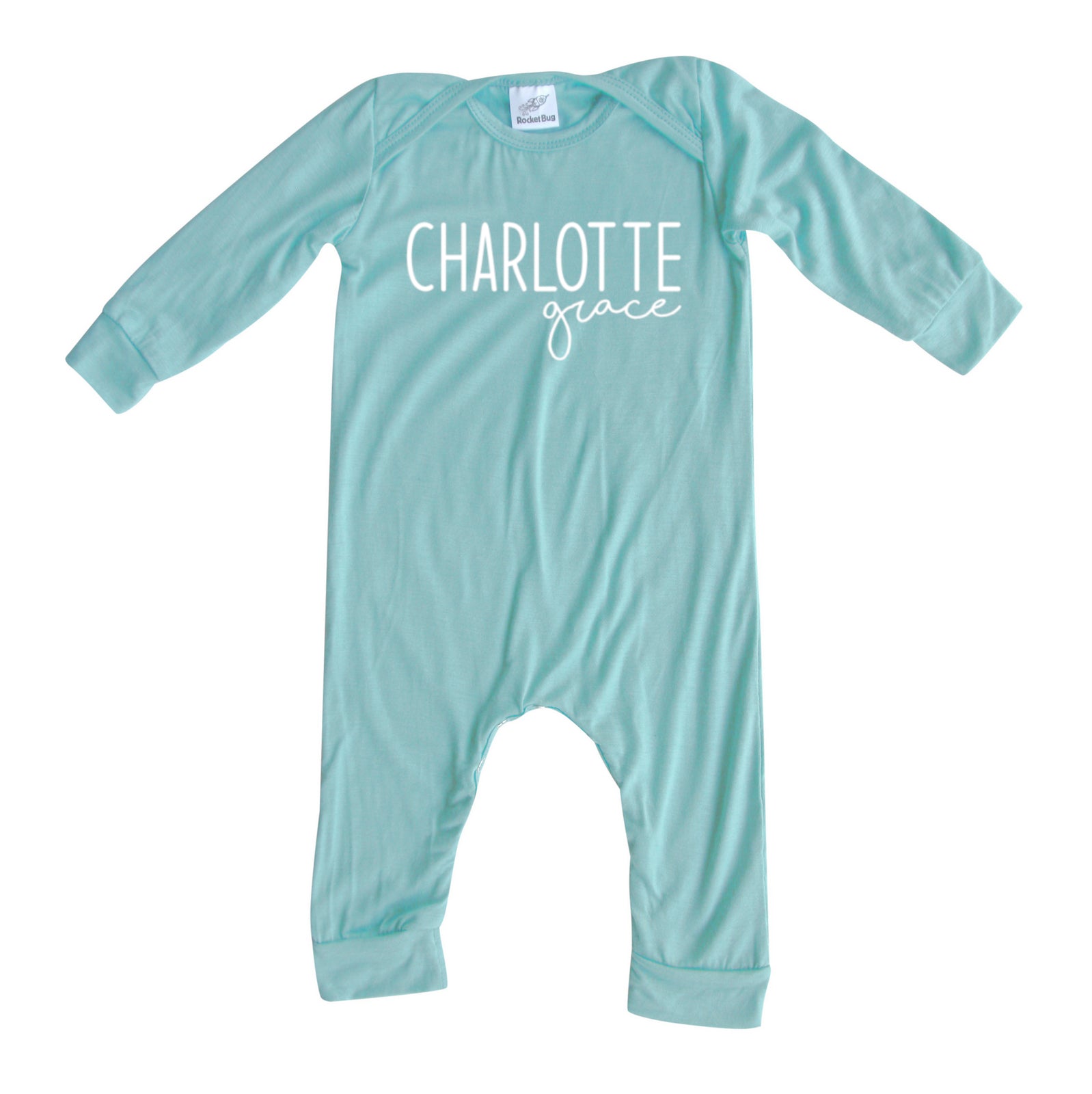 Personalized First + Middle Name (Modern Cursive) Silky Baby Long Sleeve Romper Silky Seafoam