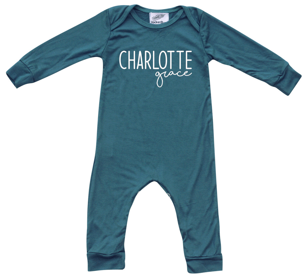 Personalized First + Middle Name (Modern Cursive) Silky Baby Long Sleeve Romper Silky Midnight Teal