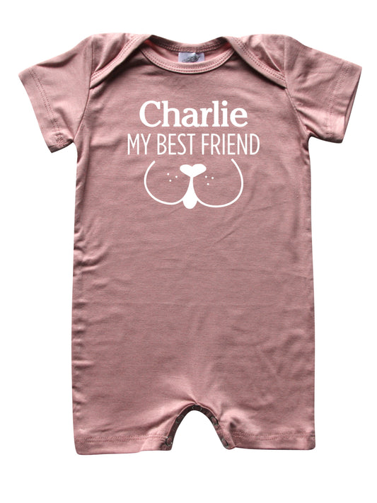 My Best Friend (Dog) Personalized Custom Silky Shorts Baby Romper for Boys and Girls Dusty Rose