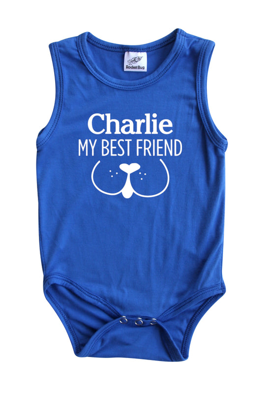 My Best Friend (Dog) Personalized Custom Silky Sleeveless Baby Bodysuit for Boys and Girls Silky Royal Blue
