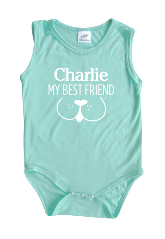 My Best Friend (Dog) Personalized Custom Silky Sleeveless Baby Bodysuit for Boys and Girls Silky Seafoam