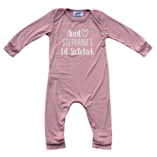Personalized Aunt's Lil Sidekick Silky Long Sleeve Baby Romper Silky Dusty Rose