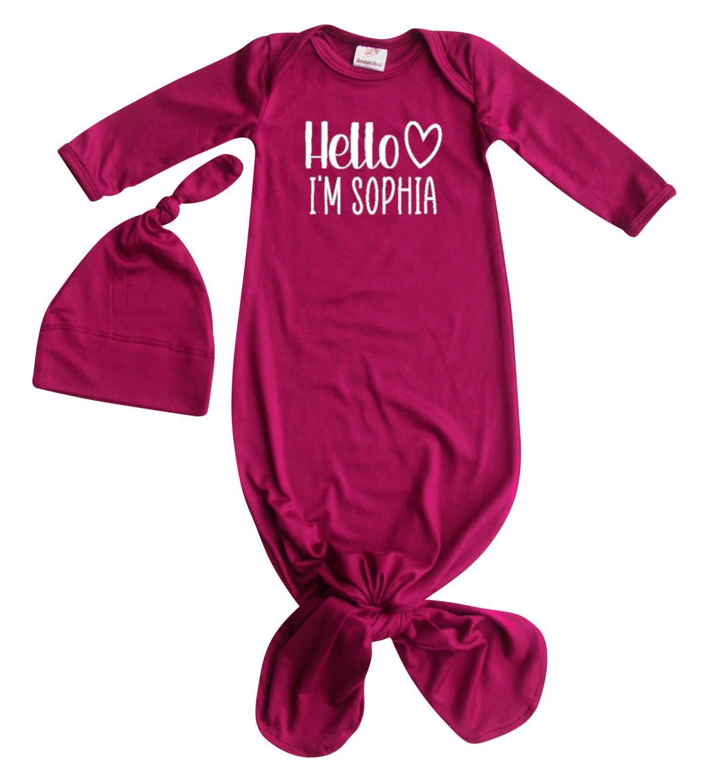Personalized Hello Heart Silky Knotted Baby Gown with Matching Knotted Hat