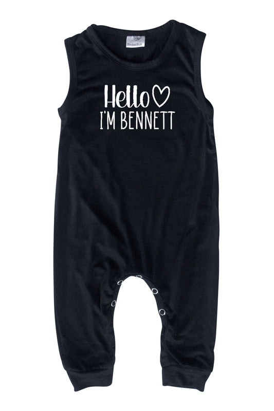 Personalized Hello Heart Silky Sleeveless Baby Romper Black