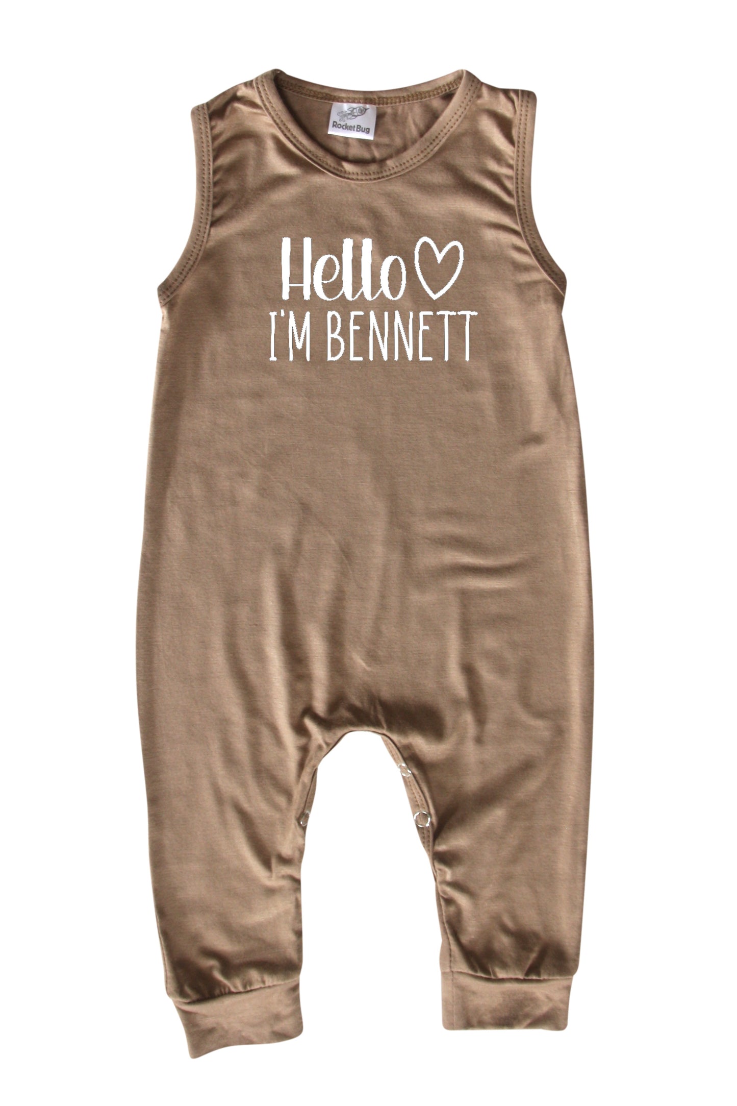 Personalized Hello Heart Silky Sleeveless Baby Romper Light Brown