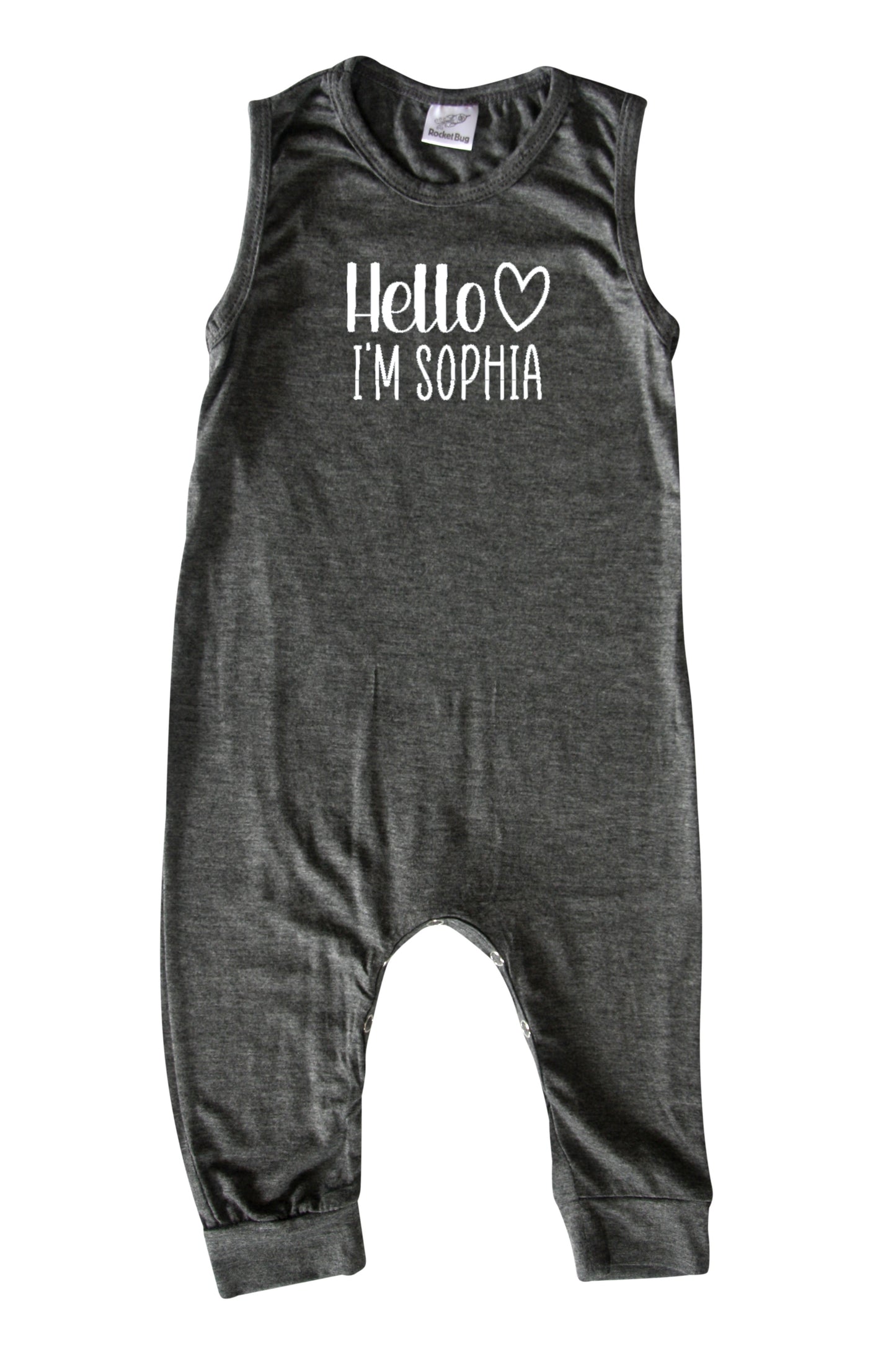 Personalized Hello Heart Silky Sleeveless Baby Romper Heather Grey