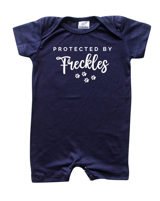 Protected By (Dog) Personalized Custom Silky Shorts Baby Romper for Boys and Girls Navy