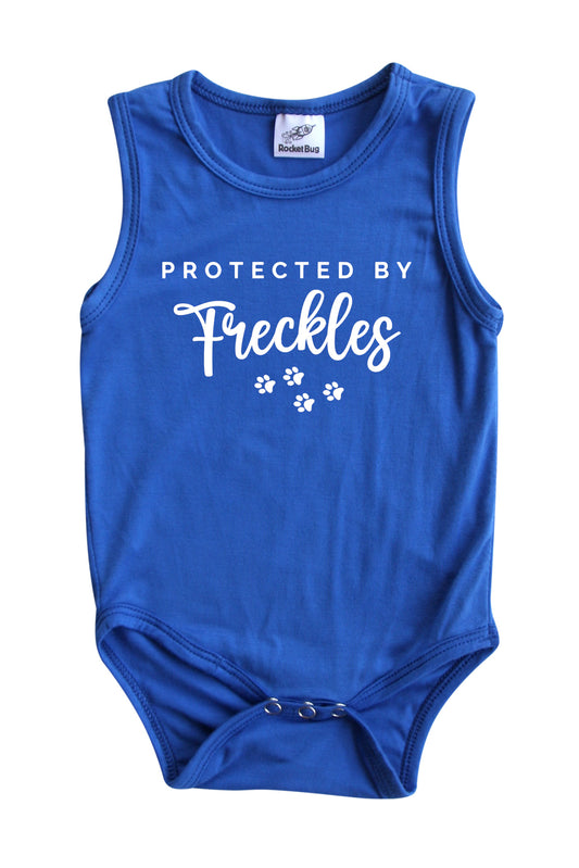 Protected By (Dog) Personalized Custom Silky Sleeveless Baby Bodysuit for Boys and Girls Silky Royal Blue