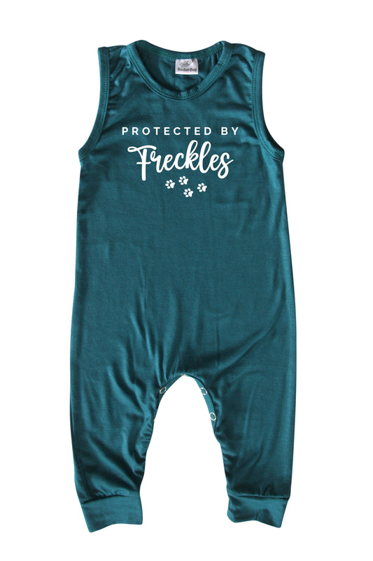Protected By (Dog) Personalized Custom Silky Sleeveless Baby Romper for Boys and Girls Midnight Teal