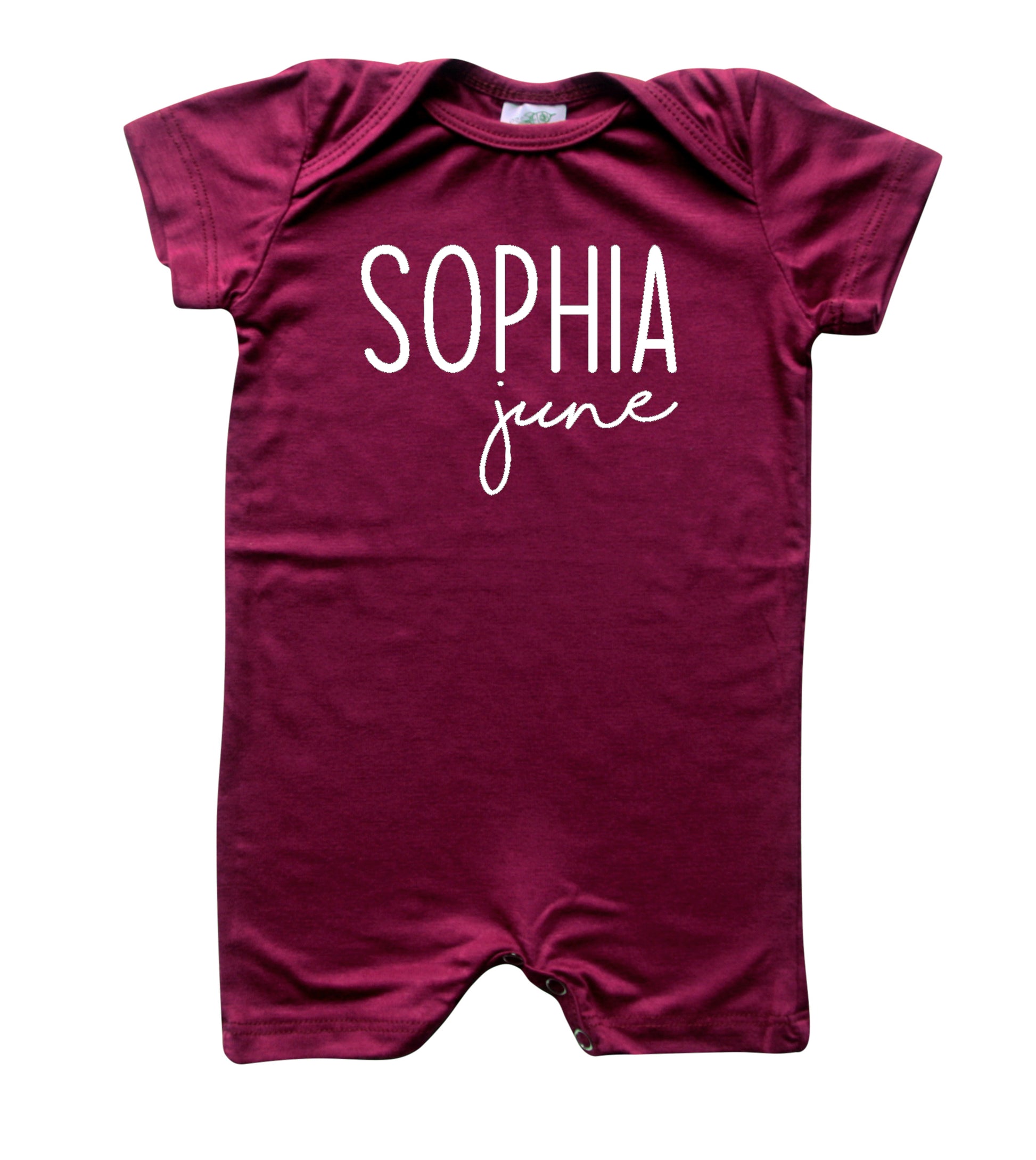 Personalized First + Middle Name (Modern Cursive) Silky Baby Romper Shorts for Boys and Girls Wine