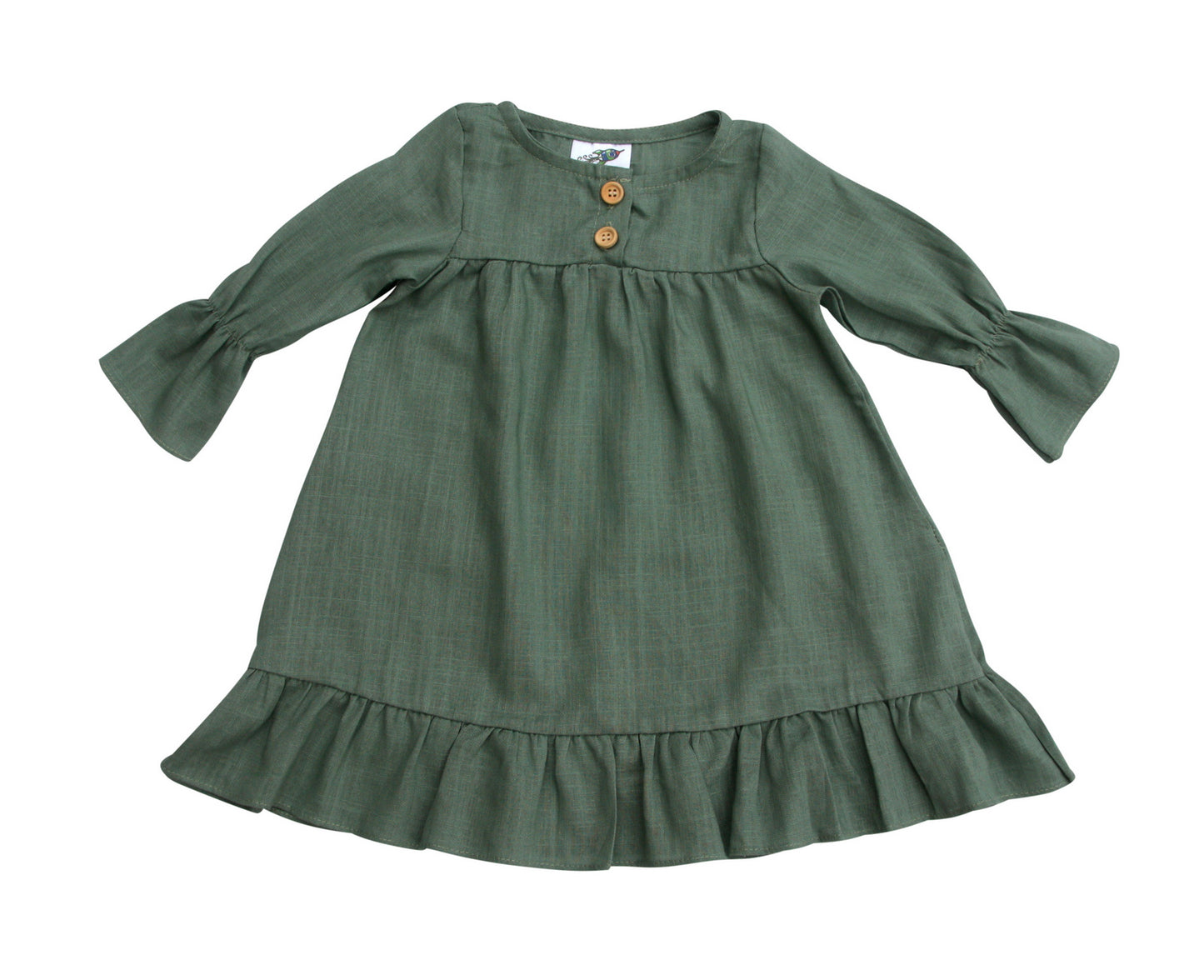 Long Sleeve Pleated Baby, Toddler, and Girls Linen Cotton Dress for Babies, Toddlers, and Kids Sage