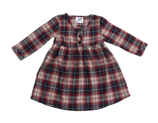 Flannel Long Sleeve Pleated Waist Baby, Toddler, Girls Dress Red + Blue Plaid Flannel