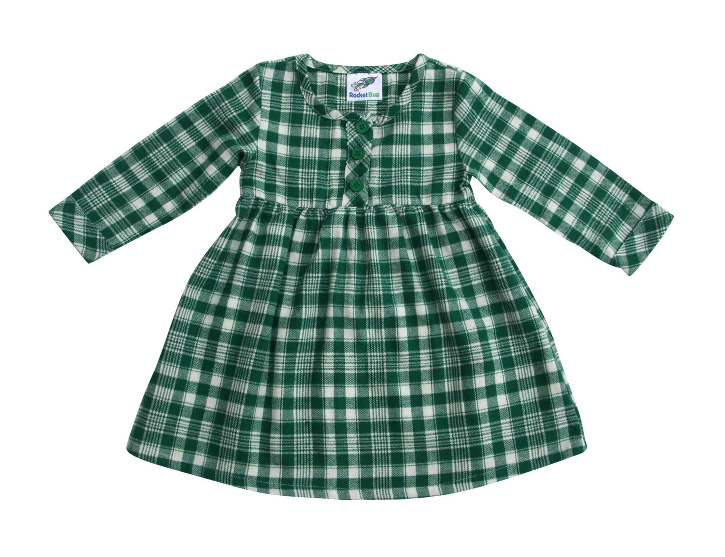 Flannel Long Sleeve Pleated Waist Baby, Toddler, Girls Dress Green + White Plaid Flannel