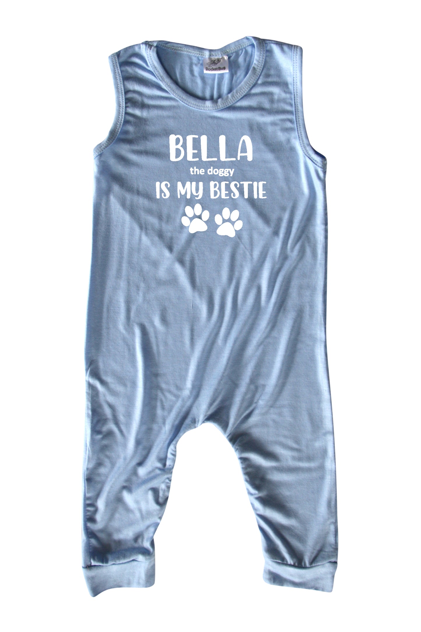 Bestie (Dog Friend) Personalized Custom Silky Sleeveless Baby Romper for Boys and Girls Light Blue