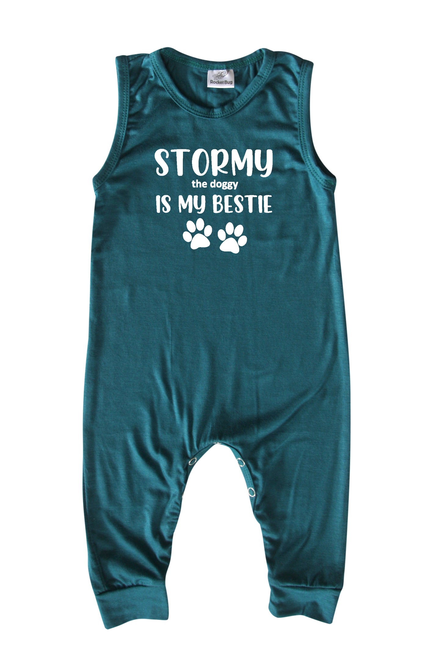 Bestie (Dog Friend) Personalized Custom Silky Sleeveless Baby Romper for Boys and Girls Midnight Teal