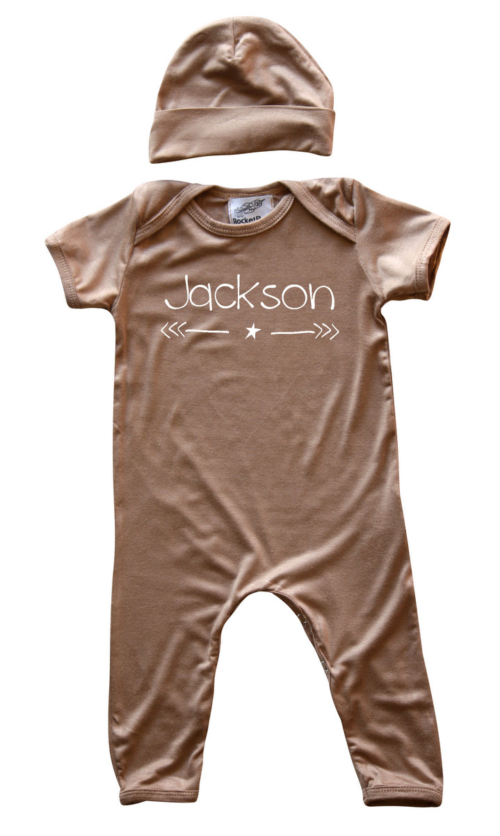 Personalized Baby Romper for Boys with Star & Arrow (Matching Hat Included) Silky Light Brown