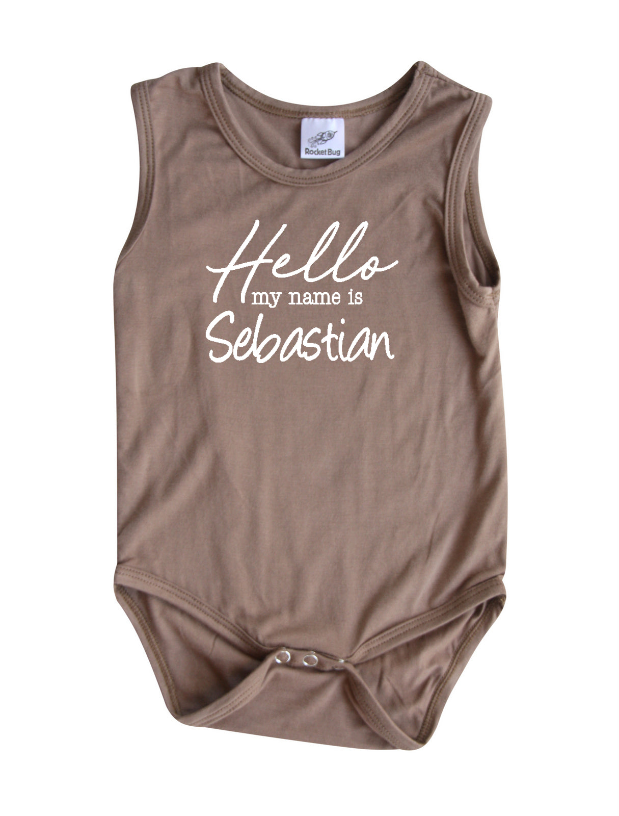 Hello My Name Is Personalized Silky Sleeveless Baby Bodysuit for Boys & Girls Silky Light Brown