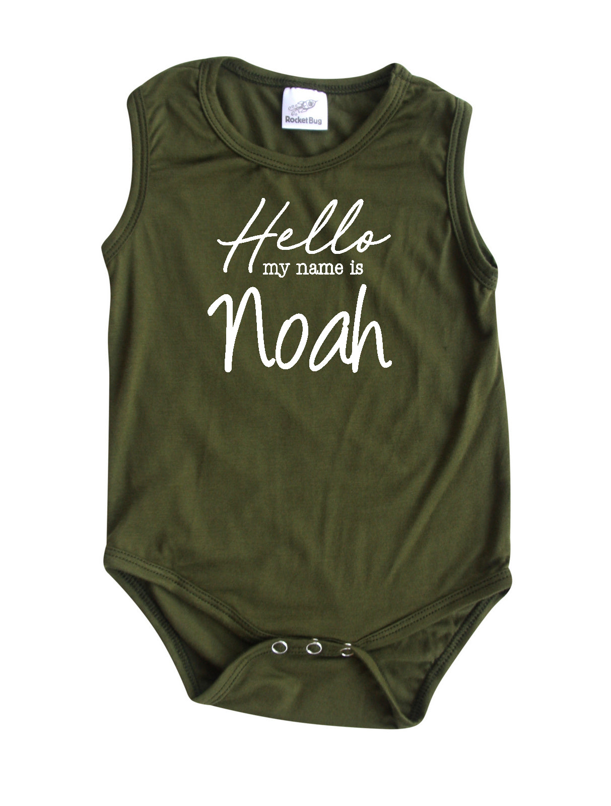 Hello My Name Is Personalized Silky Sleeveless Baby Bodysuit for Boys & Girls Silky Army Green